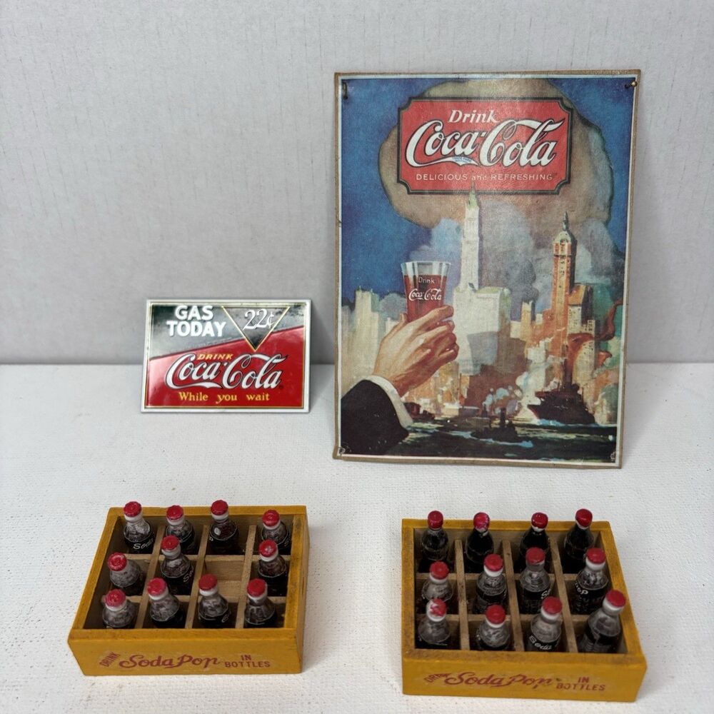Dollhouse Miniature Soda Pop Lot 2 Wooden Crates 22 Bottles 2 Coca-Cola Signs